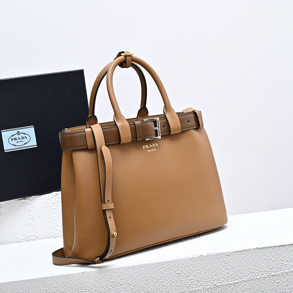 Pra*a Buckle medium leather handbag with double belt(high-end grade)