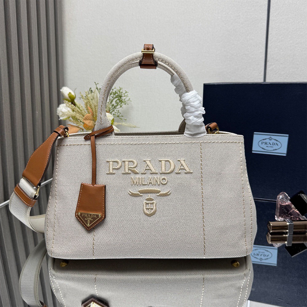 Pra*a Jardiniere large cotton canvas handbag(HIGH-END GRADE)