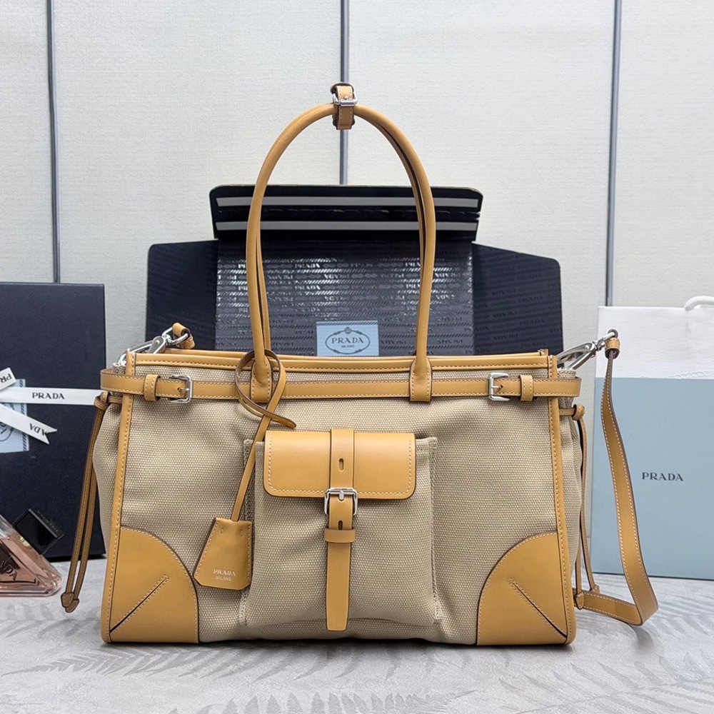 Pra*a Large Bonnie linen and leather tote bag(HIGH-END GRADE)