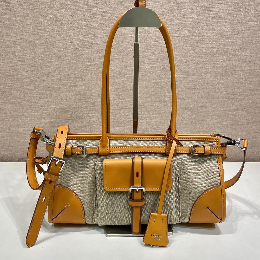 Pra*a Bonnie medium linen and leather handbag(HIGH-END GRADE)