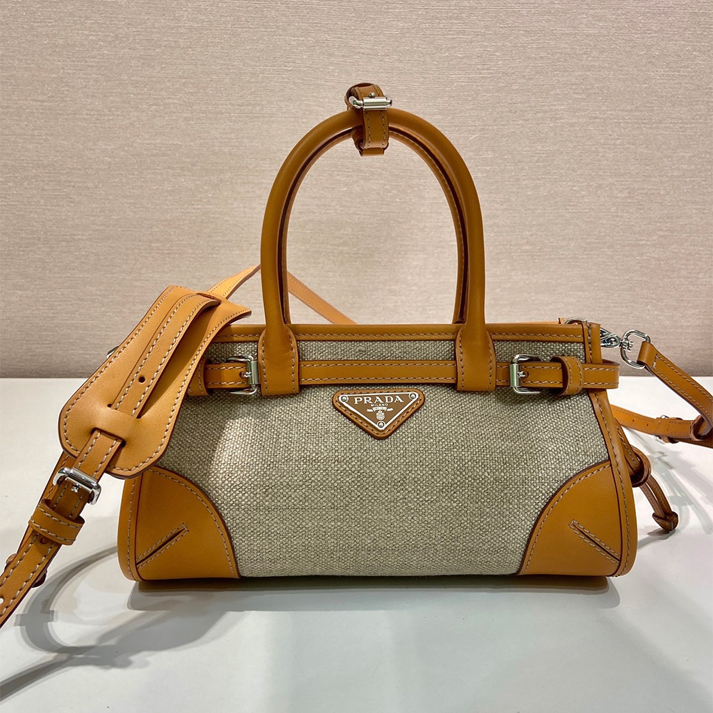 Pra*a Bonnie small linen and leather handbag(HIGH-END GRADE)