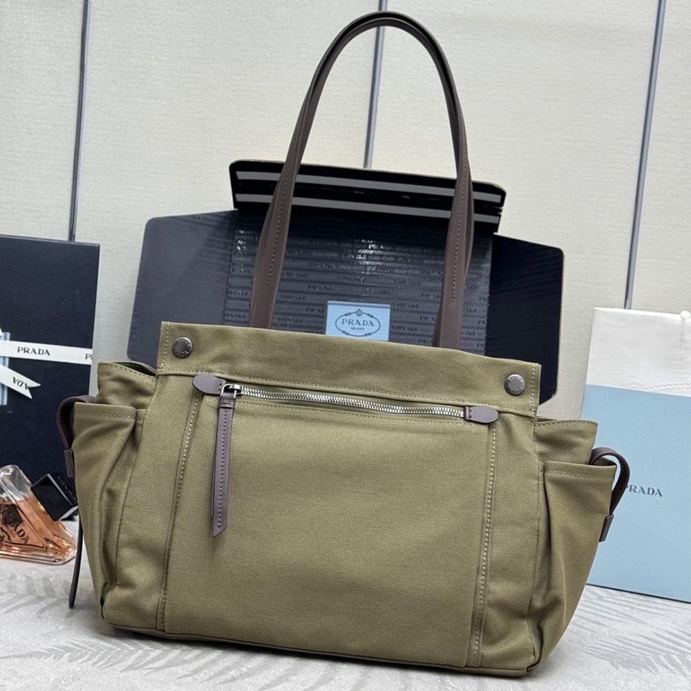 Pra*a Route large canvas and leather tote bag(HIGH-END GRADE)