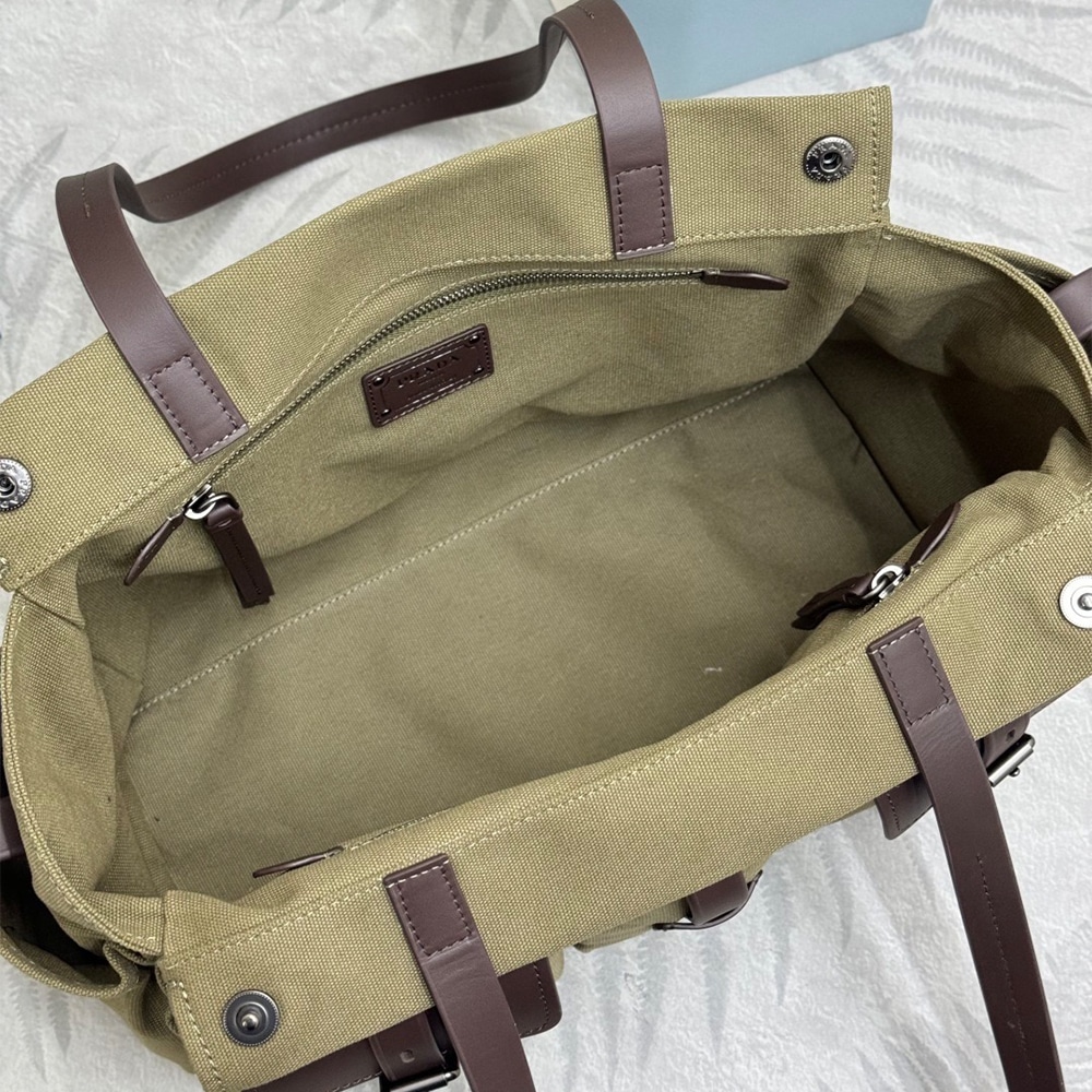 Pra*a Route large canvas and leather tote bag(HIGH-END GRADE)