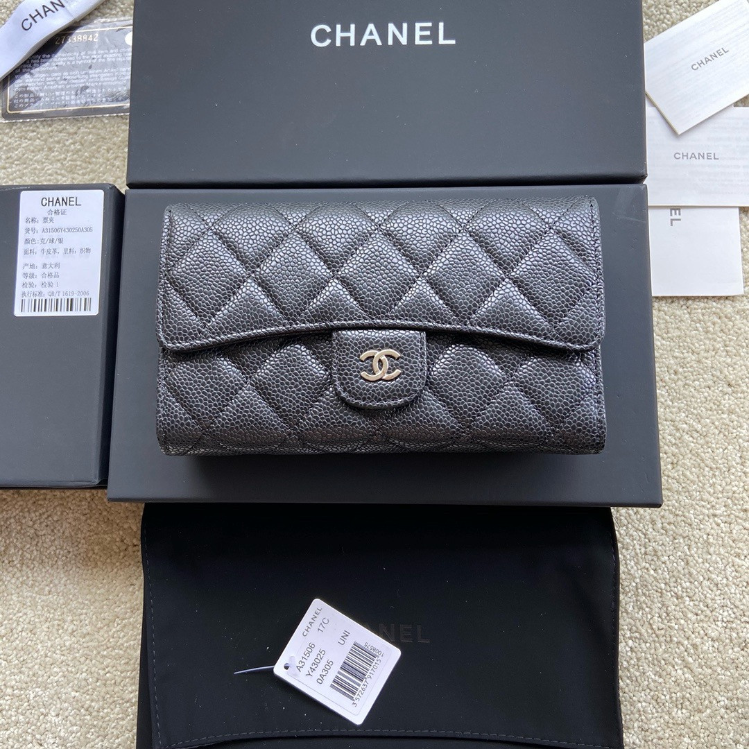 Ch**el FLAP WALLET GRAINED LEATHER BLACK 19.5 x10 cm