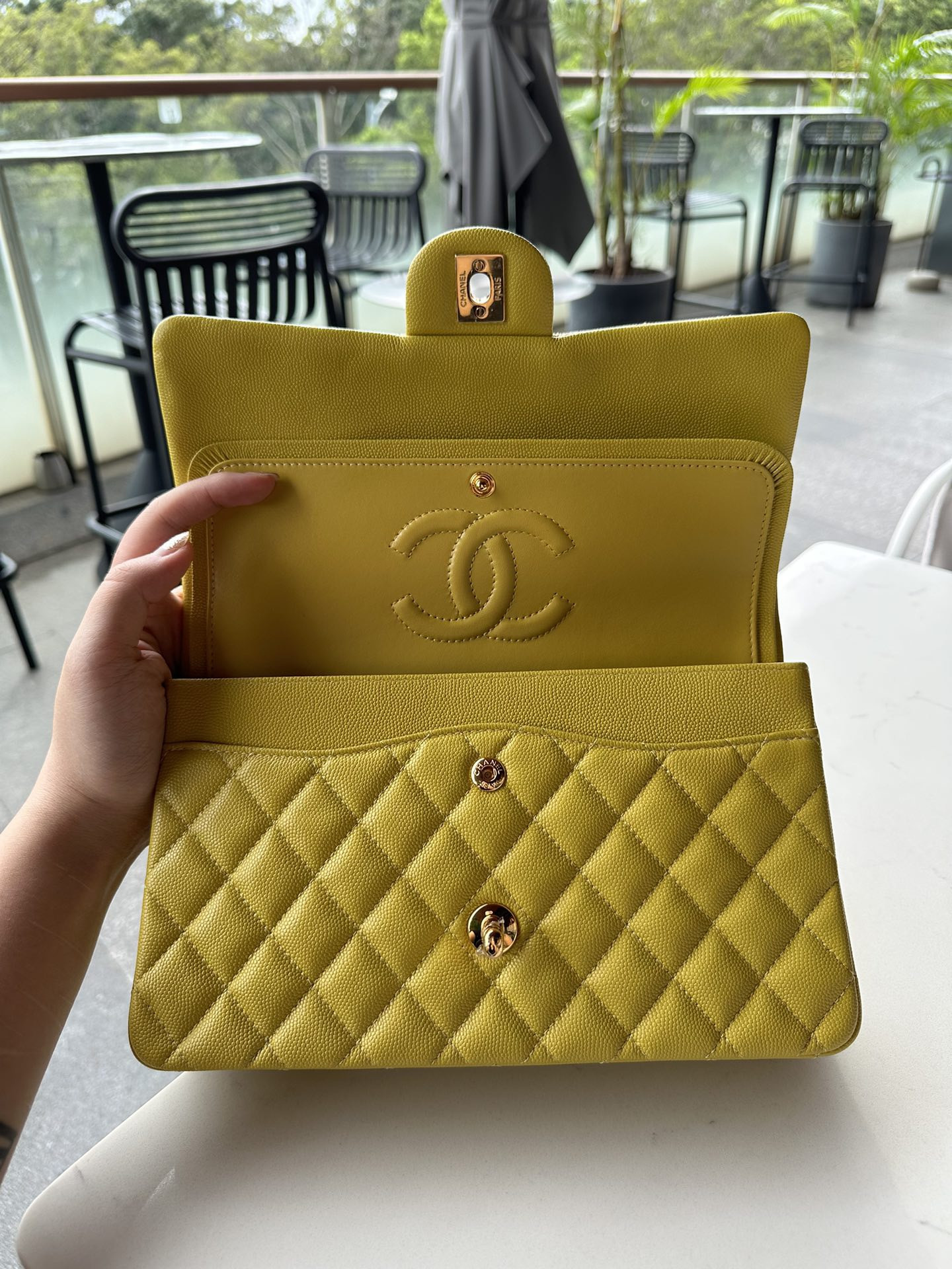 Ch**el CLASSIC HANDBAG GRAINED CALFSKIN & GOLD-TONE METAL yellow 6×9.9×2.5 in