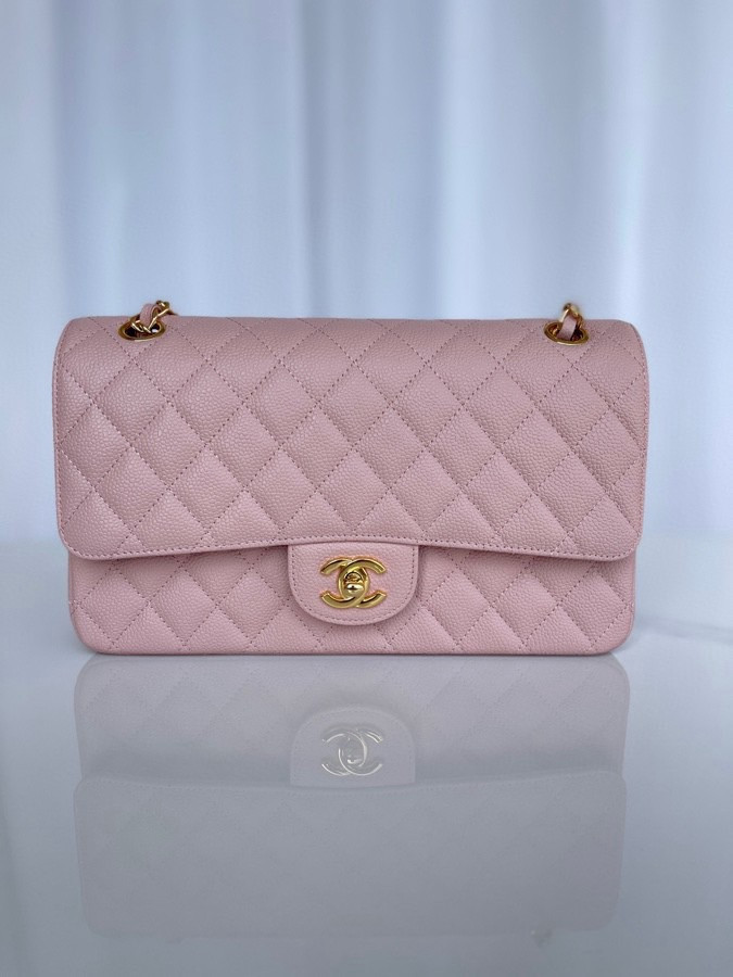 Ch**el CLASSIC HANDBAG GRAINED CALFSKIN & GOLD-TONE METAL PINK 6 × 9.9 × 2.5 in