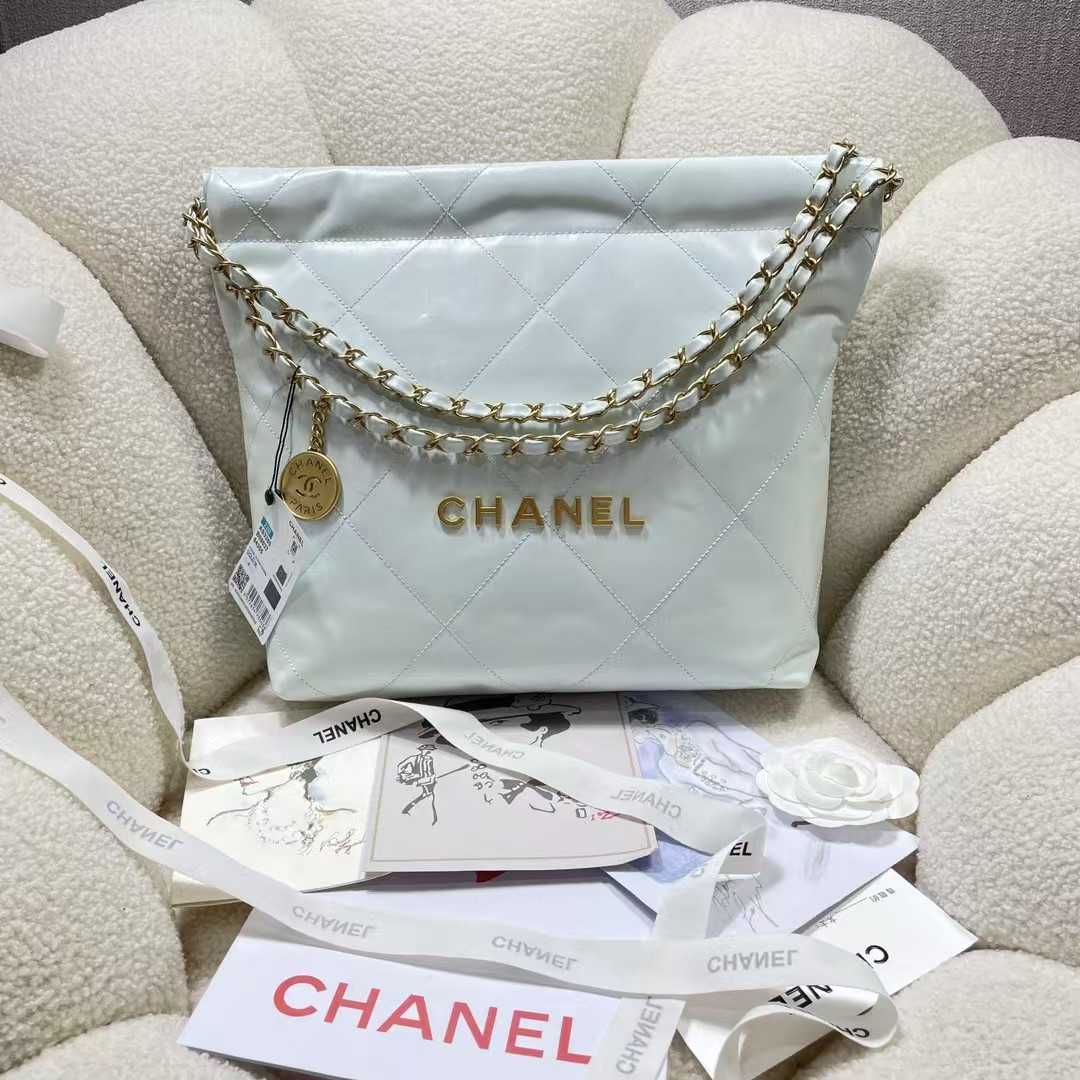 Ch**el 22 SMALL HANDBAG Shiny Calfskin Light Blue 37X35X7cm