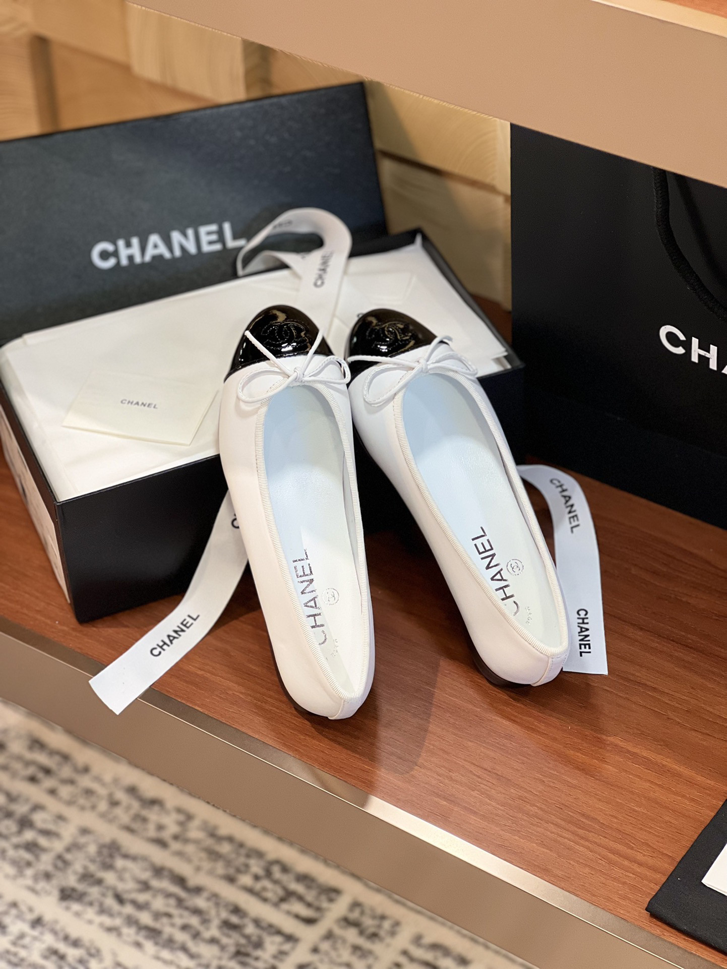 Ch**el BALLET FLATS Lambskin & Grosgrain White & Black