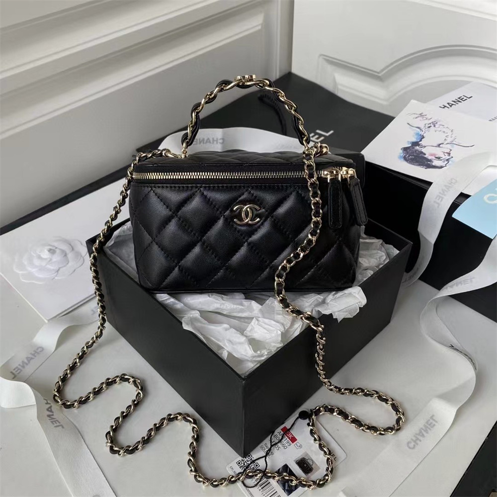 Ch**el Walnut Gold Ball Chain with Makeup Mirror Lamb Leather Square Box Shoulder Bag Women's Black 16x10x8cm