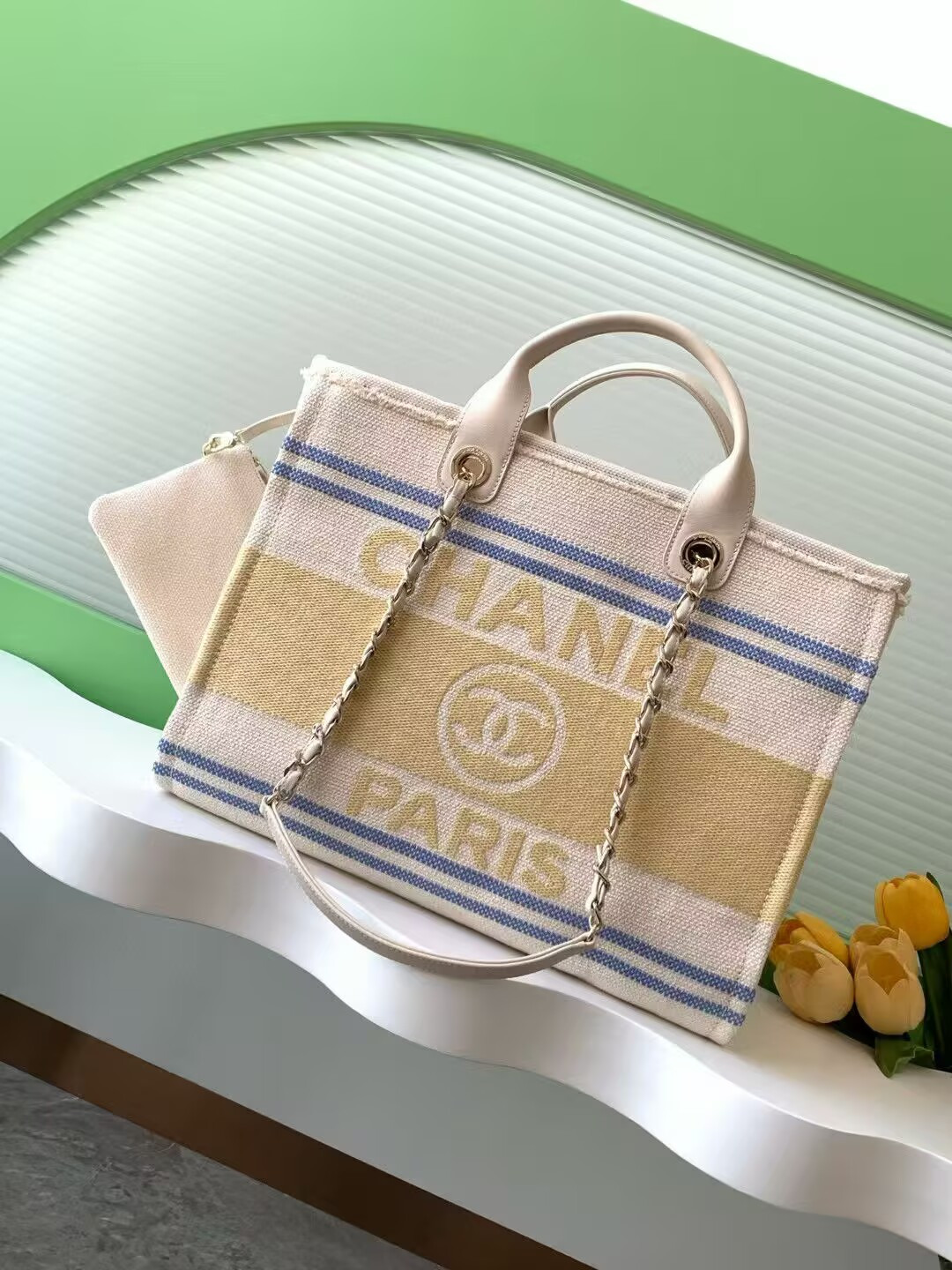Ch**el Shopping Bag Cotton Canvas & Gold-Tone Metal 34x27x16cm