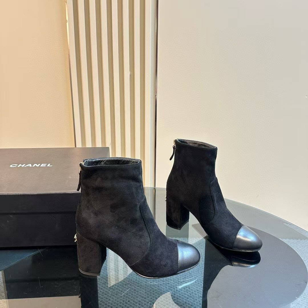 Ch**el Short Boots Suede Calfskin & Lambskin Black