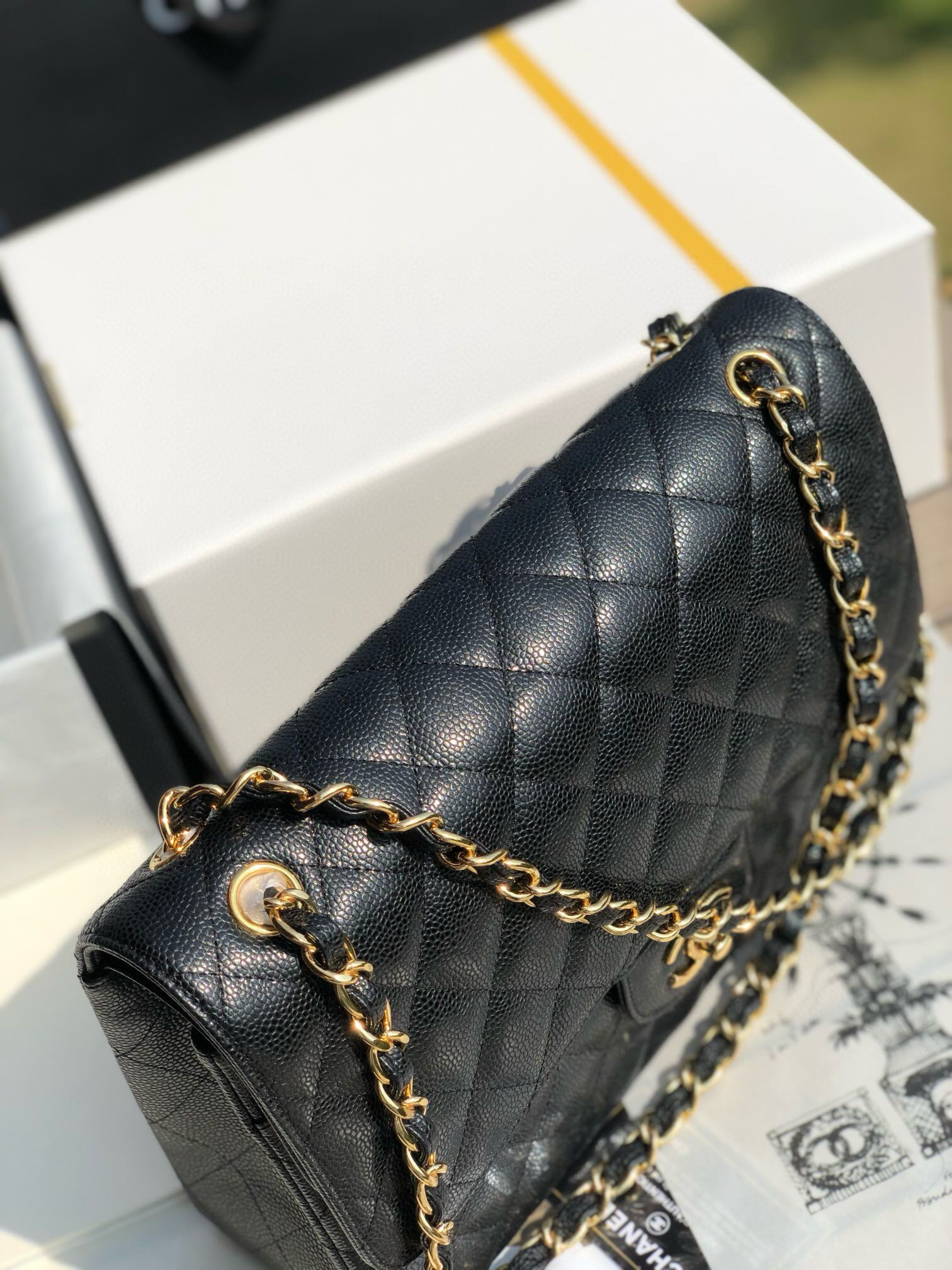 Ch**el Classic Flap Jumbo 30cm CF Black Gold 7.6 × 11.7 × 3.9 in