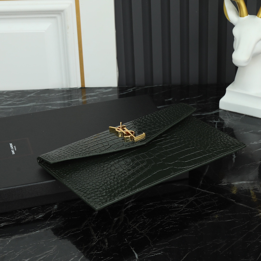 Y51 uptown pouch in crocodile-embossed shiny leather black 10.6 x 6.2 x 0.7 inches
