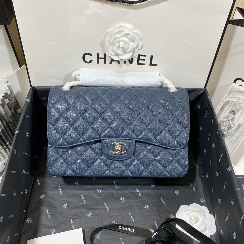 Ch**el Classic Flap Jumbo 30cm CF Blue Silver  7.6 × 11.7 × 3.9 in