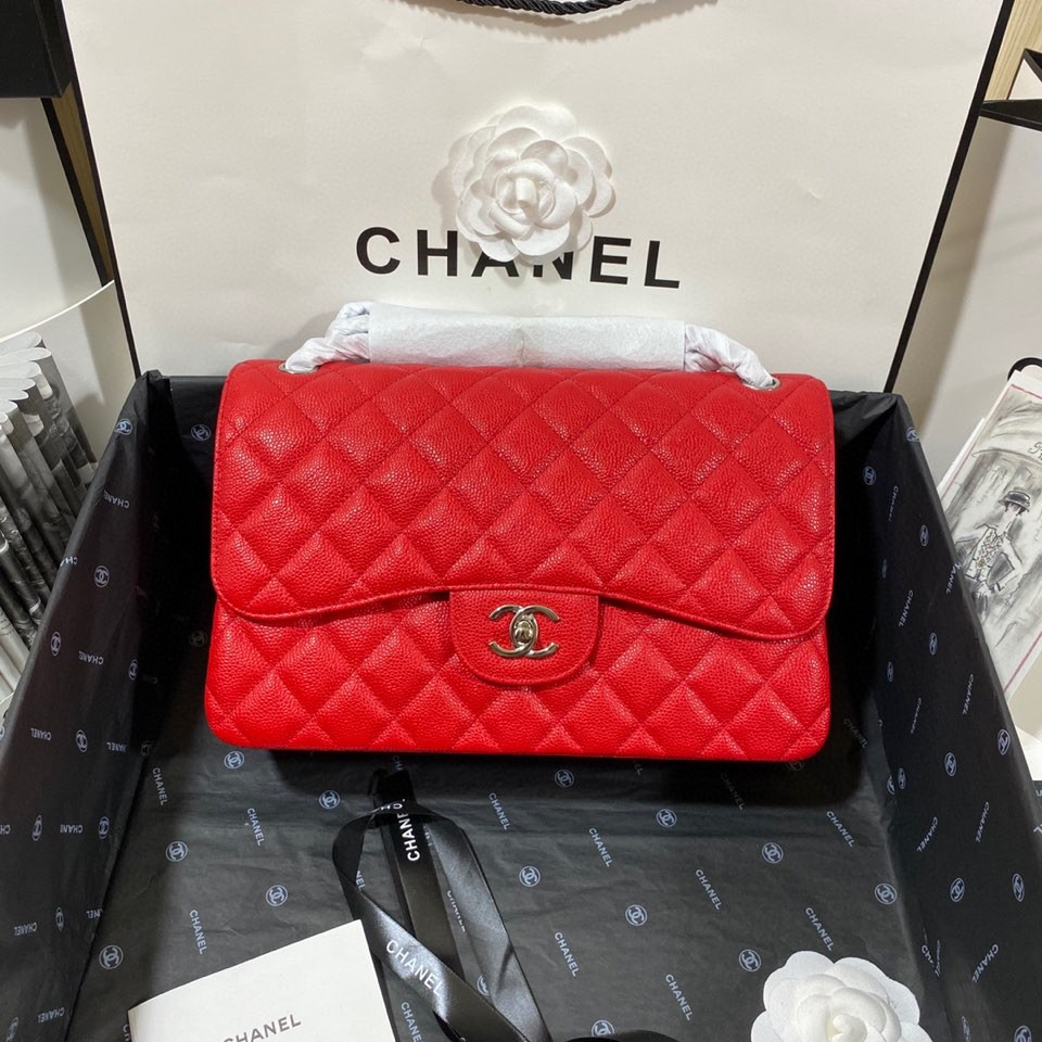 Ch**el Classic Flap Jumbo 30cm CF Red Silver7.6 × 11.7 × 3.9 in