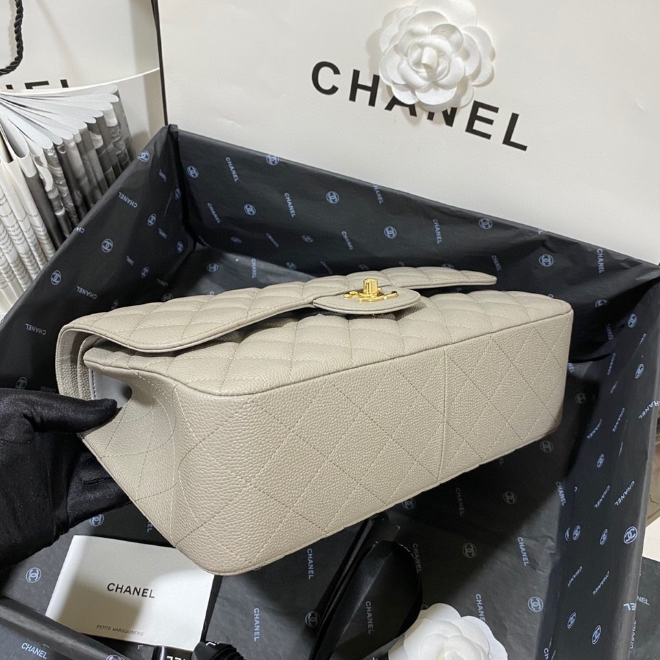 Ch**el Classic Flap Jumbo 30cm CF Grey Gold 7.6 × 11.7 × 3.9 in