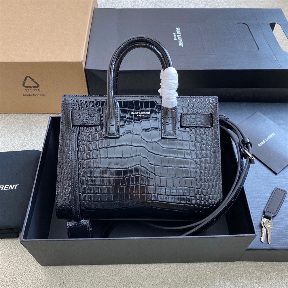 Y51 SAC DE JOUR NANO IN CROCODILE EMBOSSED LEATHER BLACK 8.6 X 6.8 X 3.5 INCHES