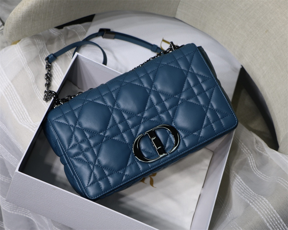 LARGE D10r CARO BAG Navy S*pple Cannage Calfskin With Silver Hardware 29 x 18 x 10 cm