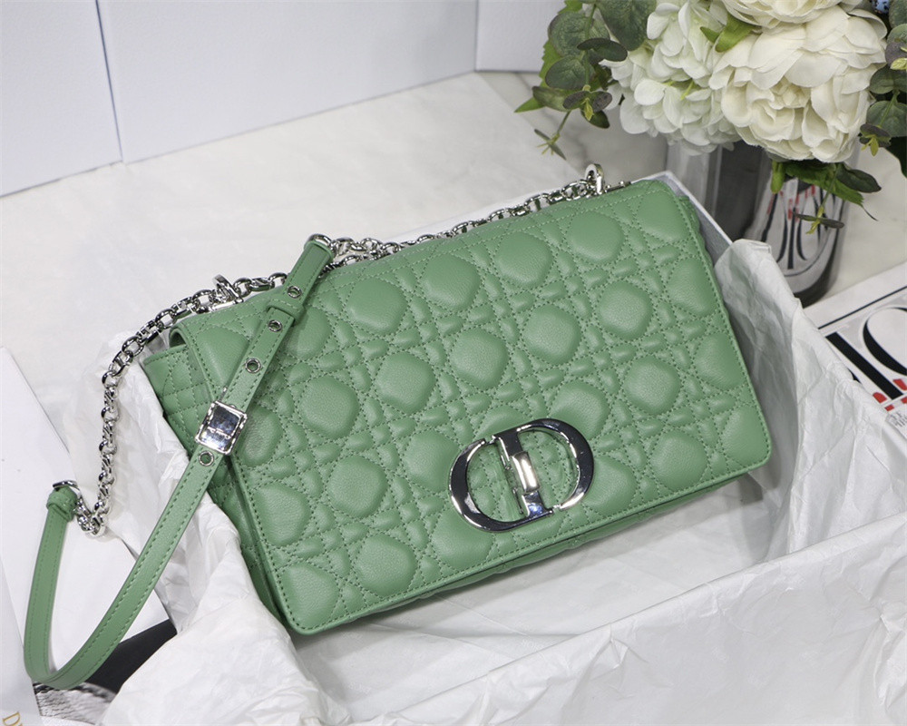 LARGE D10r CARO BAG Green S*pple Cannage Calfskin With Silver Hardware 29 x 18 x 10 cm