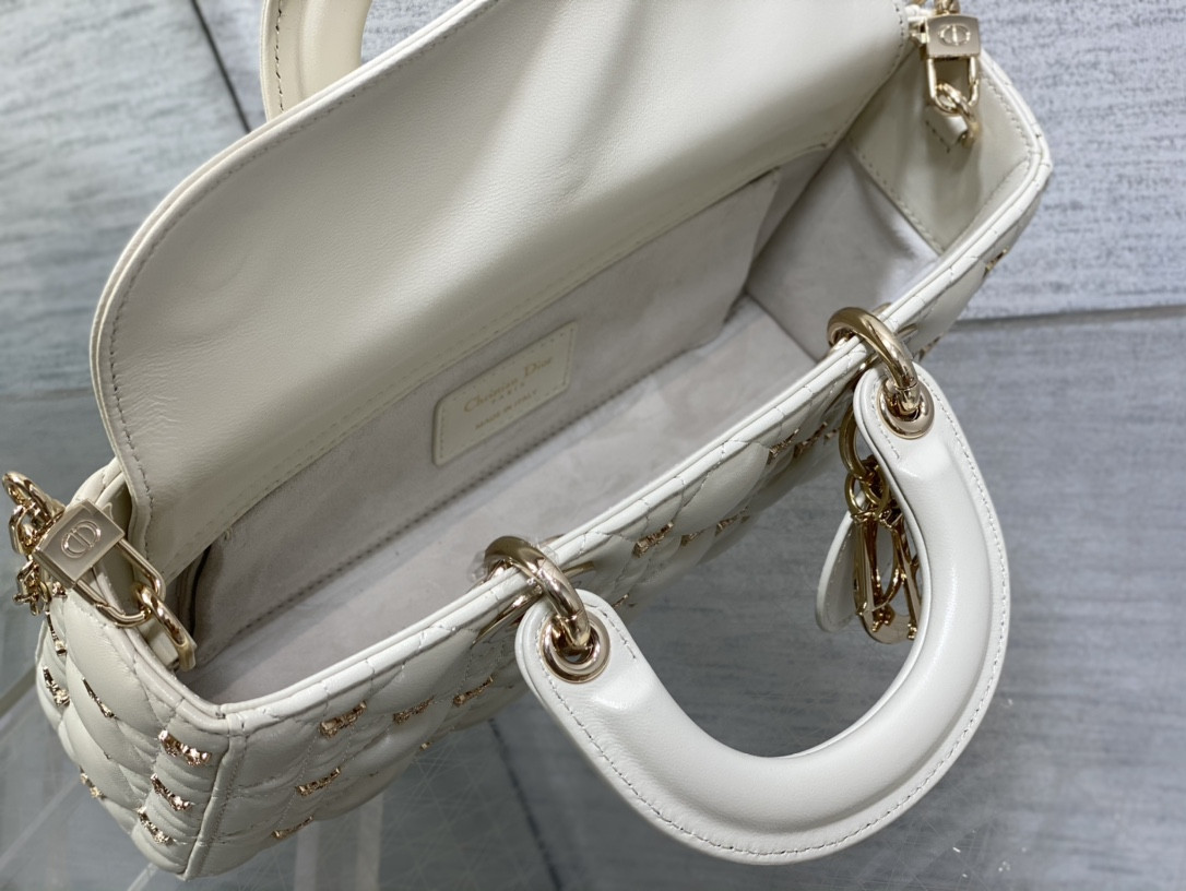 D10r MEDIUM LADY D-JOY BAG White with Butterfly Studs