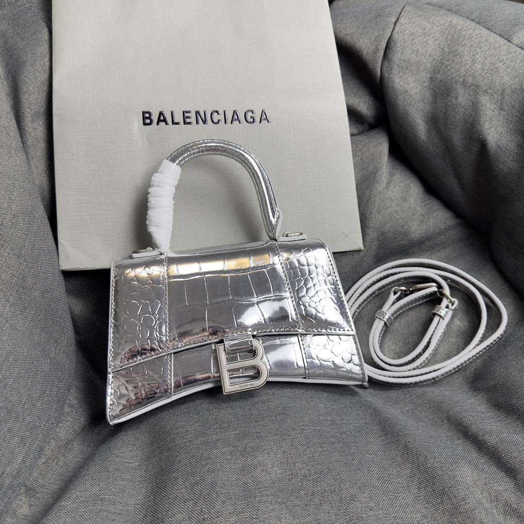 Ba1en*iaga WOMEN'S HOURGLASS MINI HANDBAG CROCODILE EMBOSSED IN SILVER L7.4 x H5.1 x W3.1 inch