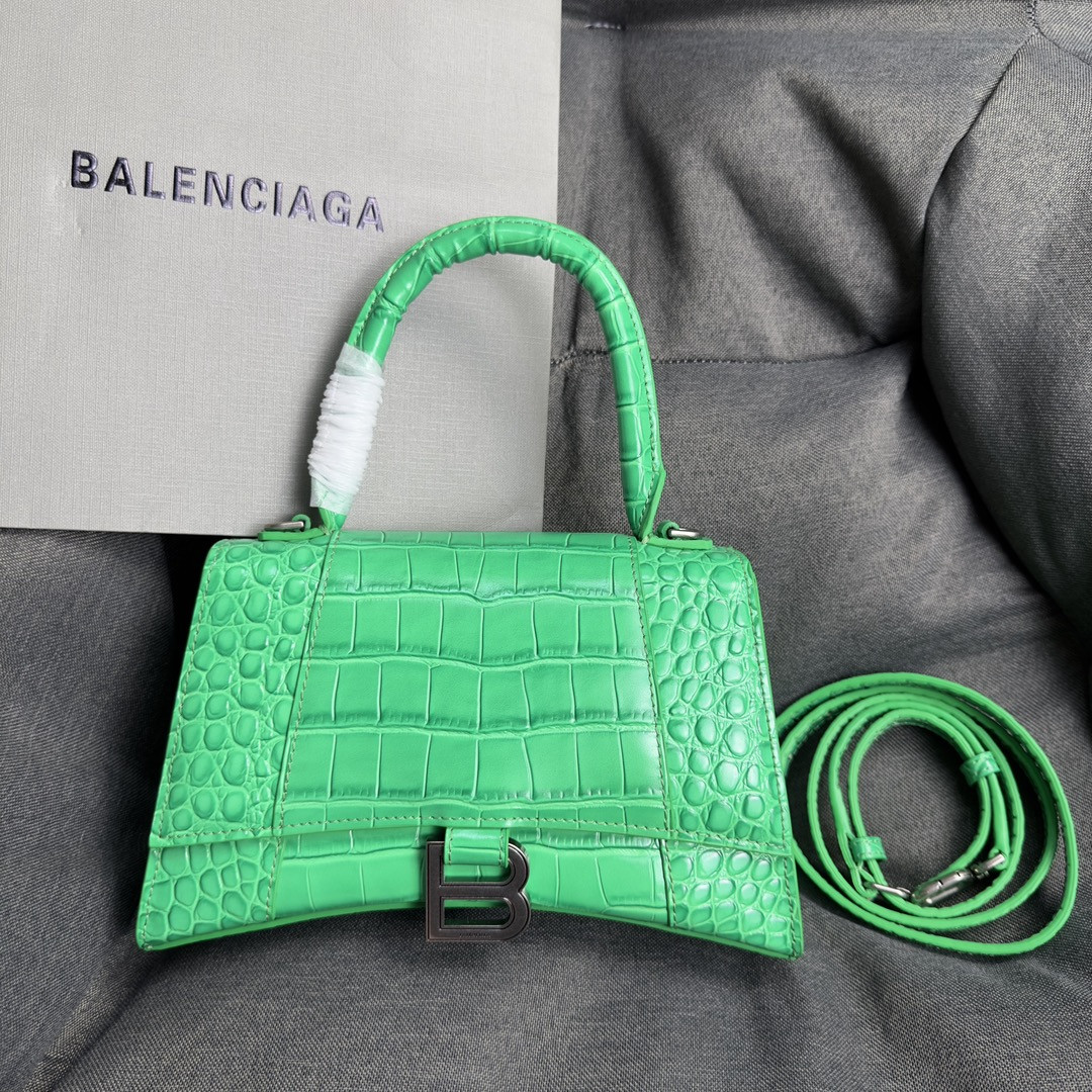 Ba1en*iaga WOMEN'S HOURGLASS SMALL HANDBAG CROCODILE EMBOSSED IN GREEN L9 x H5.5 x W3.9 inch