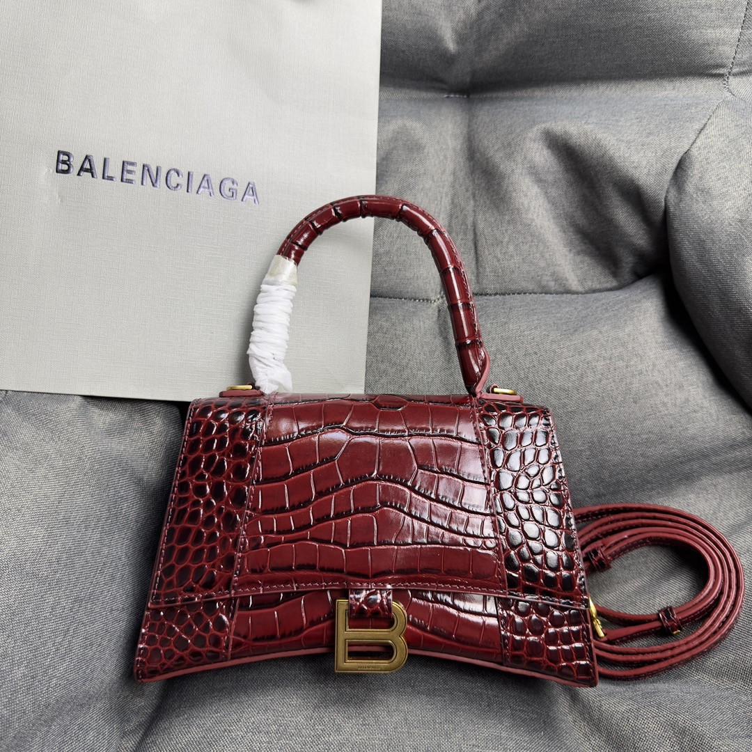Ba1en*iaga WOMEN'S HOURGLASS SMALL HANDBAG CROCODILE EMBOSSED IN CLARET L9 x H5.5 x W3.9 inch