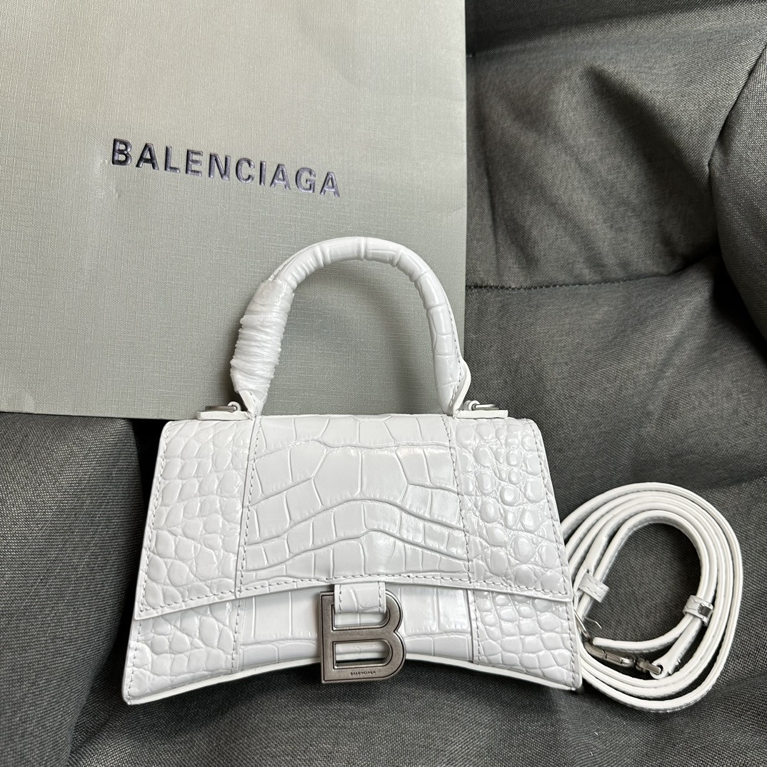 Ba1en*iaga WOMEN'S HOURGLASS MINI HANDBAG CROCODILE EMBOSSED IN WHITE L7.4 x H5.1 x W3.1 inch