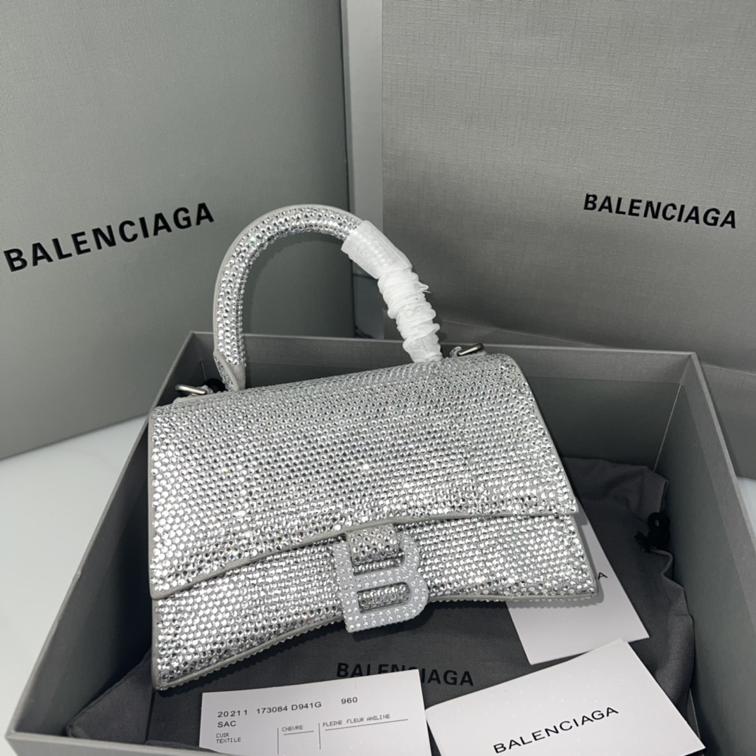 Ba1en*iaga WOMEN'S HOURGLASS MINI HANDBAG With Rhinestones Silver L7.4 x H5.1 x W3.1 inch
