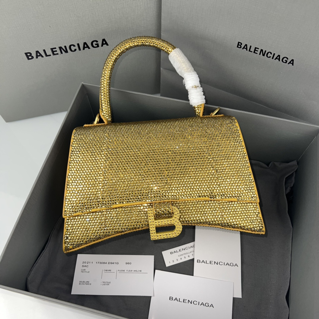 Ba1en*iaga WOMEN'S HOURGLASS SMALL HANDBAG WITH RHINESTONES YELLOW L9 x H5.5 x W3.9 inch