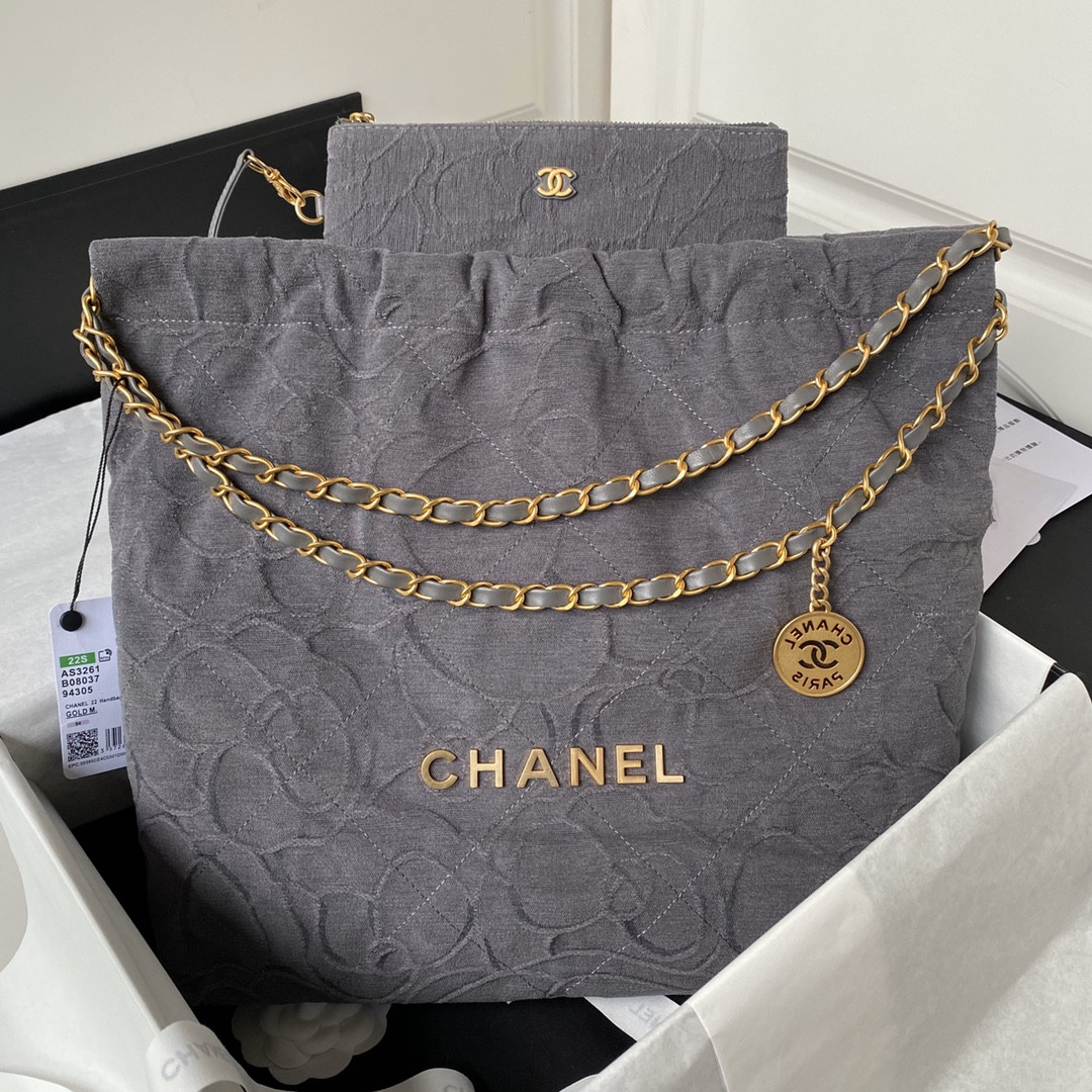 Ch**el 22 HANDBAG velvet GREY 15.2×16.4×3.1 in