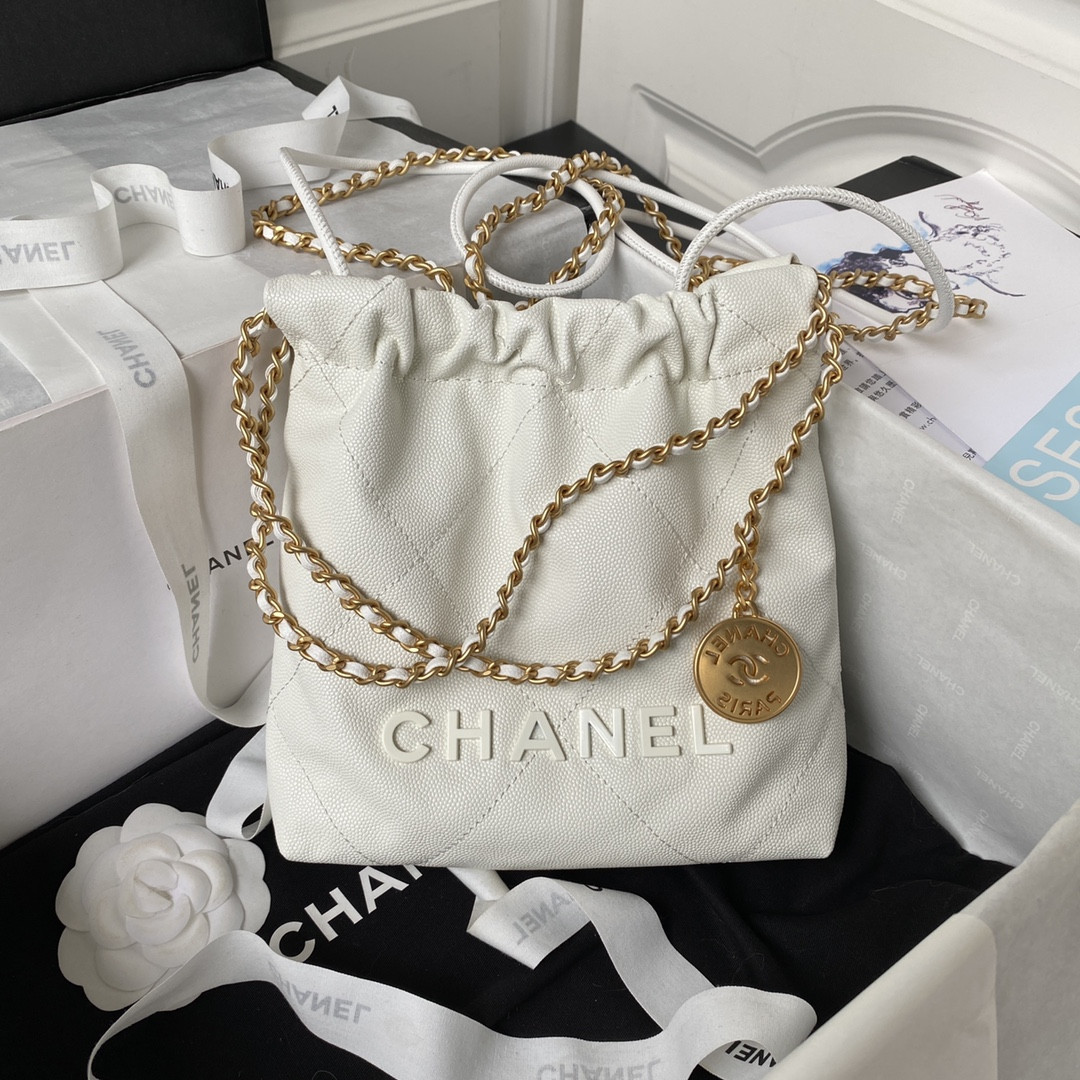 Ch**el 22 MINI HANDBAG GRAINED LEATHER WHITE 7.8 × 7.4 × 2.3 in