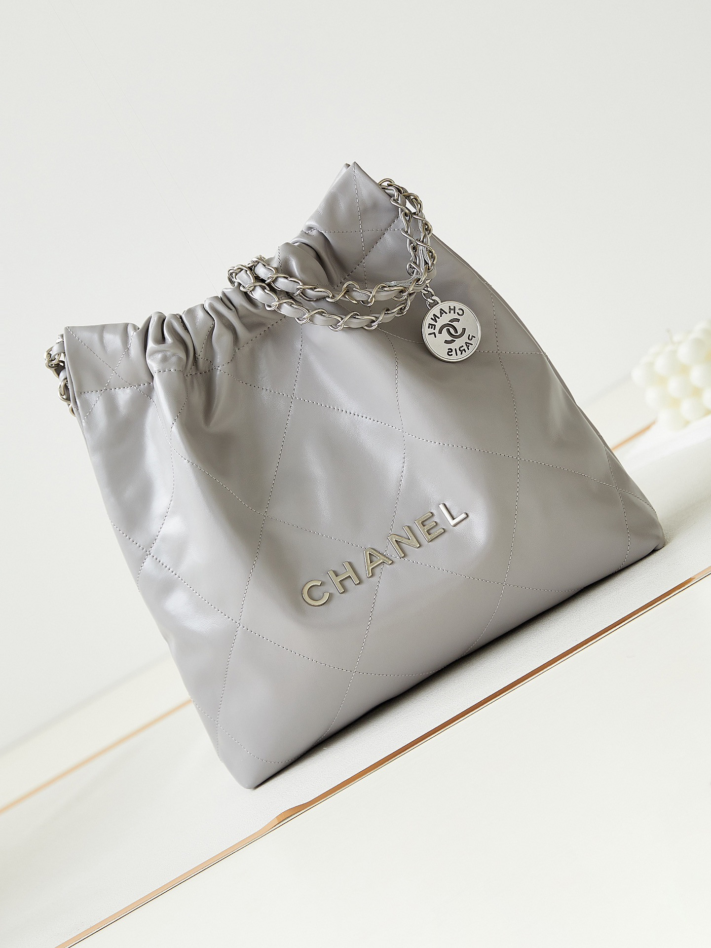Ch**el 22 SMALL HANDBAG Shiny Calfskin GREY 13.7×14.4×2.7 in