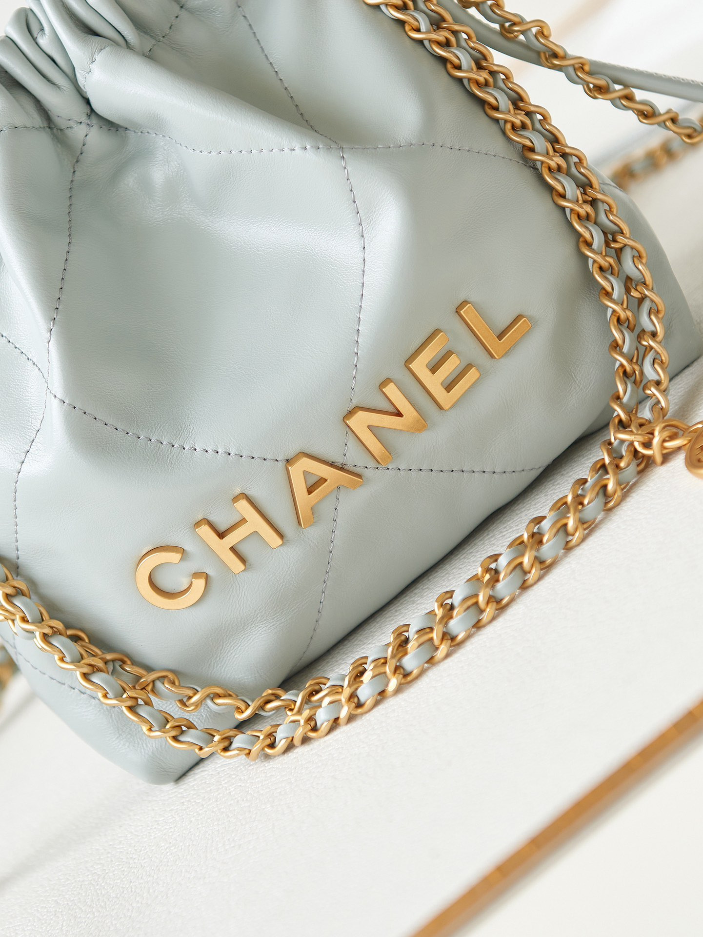 Ch**el 22 MINI HANDBAG Shiny Calfskin Light Blue 7.8 × 7.4 × 2.3 in