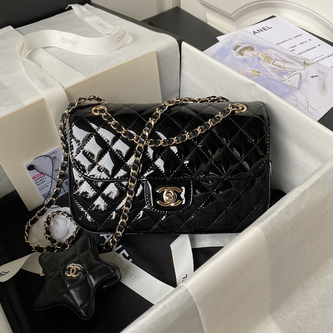 Ch**el FLAP BAG & STAR COIN PURSE BLACK 15.5×24×7.5cm