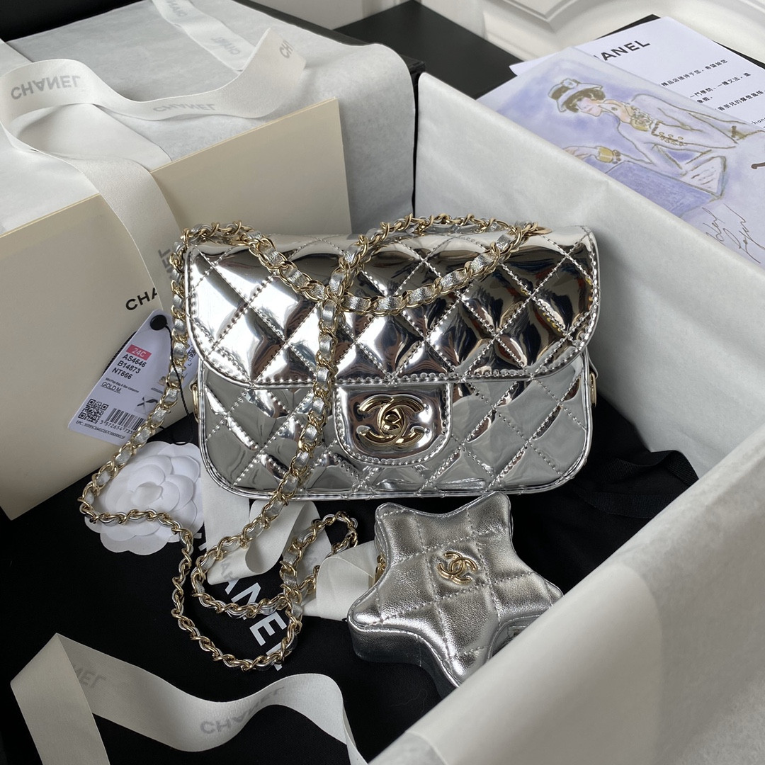 Ch**el FLAP BAG & STAR COIN PURSE SILVER 12.5×19×5cm