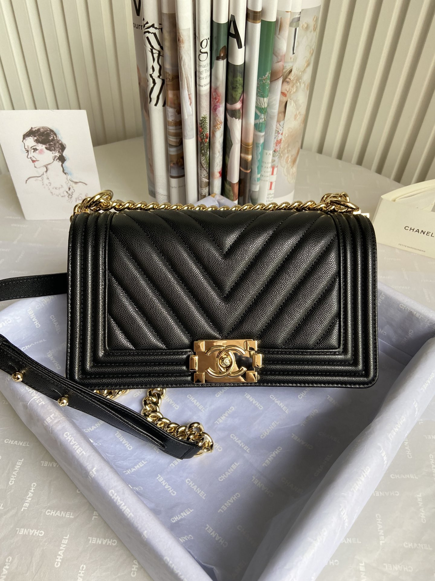 BOY Ch**el HANDBAG Shiny Grained Calfskin & Gold-Tone Metal Black 5.9 × 9.8 × 3.5 in