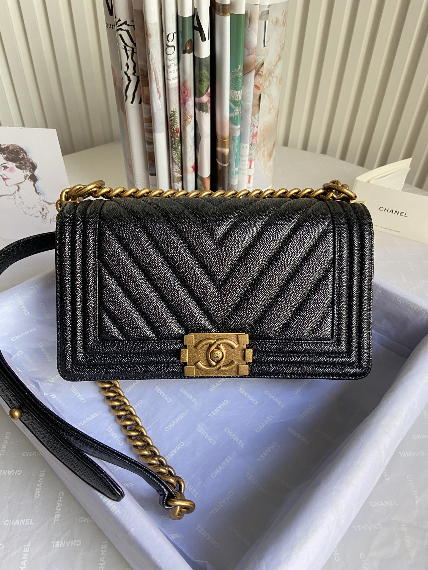 BOY Ch**el HANDBAG Shiny Grained Calfskin Black 5.9 × 9.8 × 3.5 in