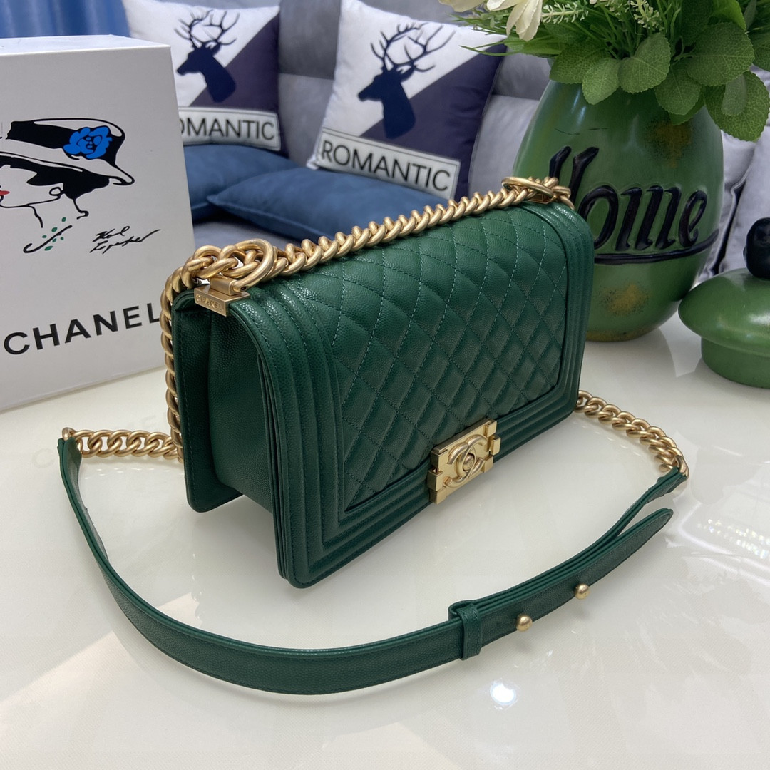 BOY Ch**el HANDBAG Shiny Grained Calfskin & Gold-Tone Metal Green 5.9 × 9.8 × 3.5 in