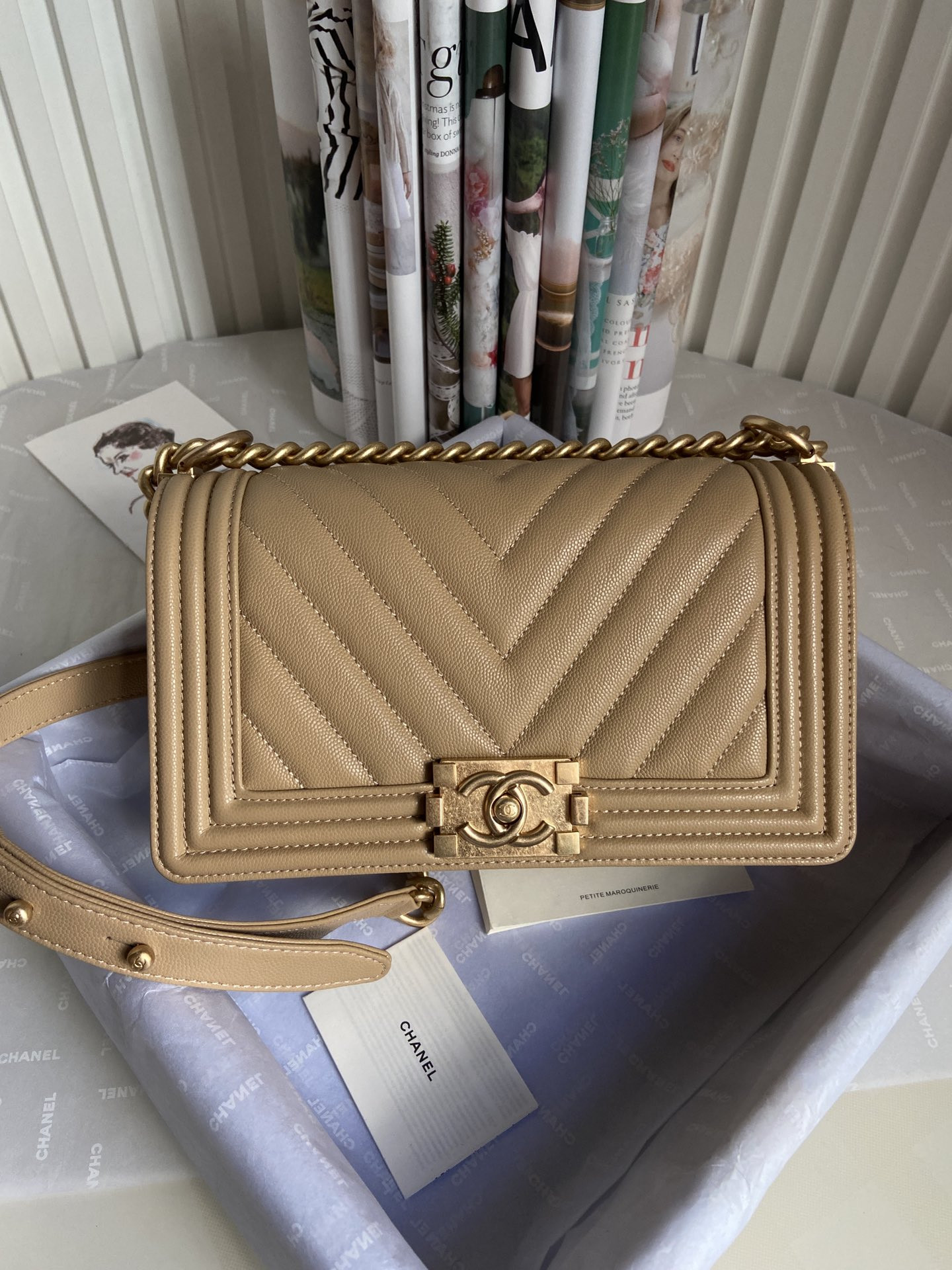 BOY Ch**el HANDBAG Shiny Grained Calfskin Brown 5.9 × 9.8 × 3.5 in