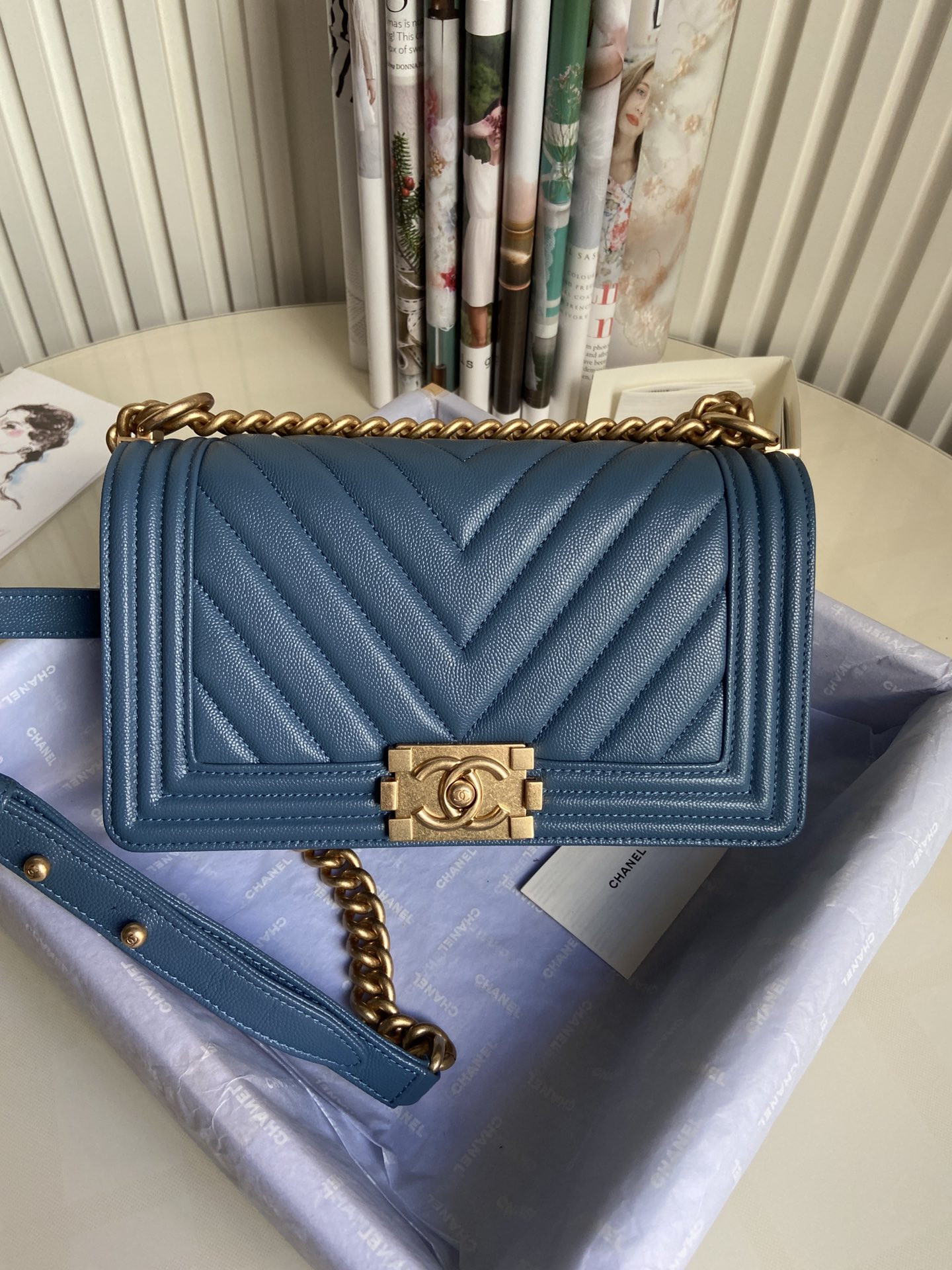 BOY Ch**el HANDBAG Shiny Grained Calfskin & Gold-Tone Metal Blue 5.9 × 9.8 × 3.5 in