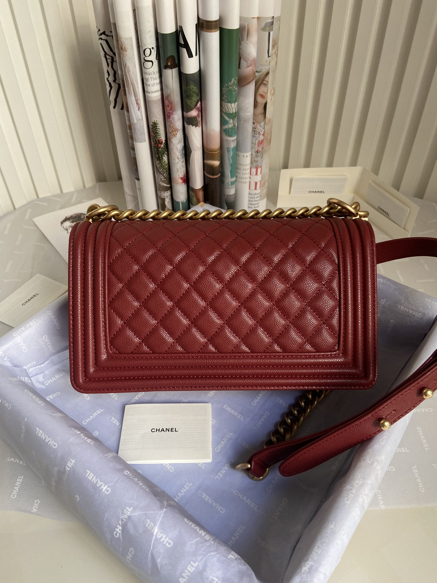 BOY Ch**el HANDBAG Shiny Grained Calfskin & Gold-Tone Metal red 5.9 × 9.8 × 3.5 in