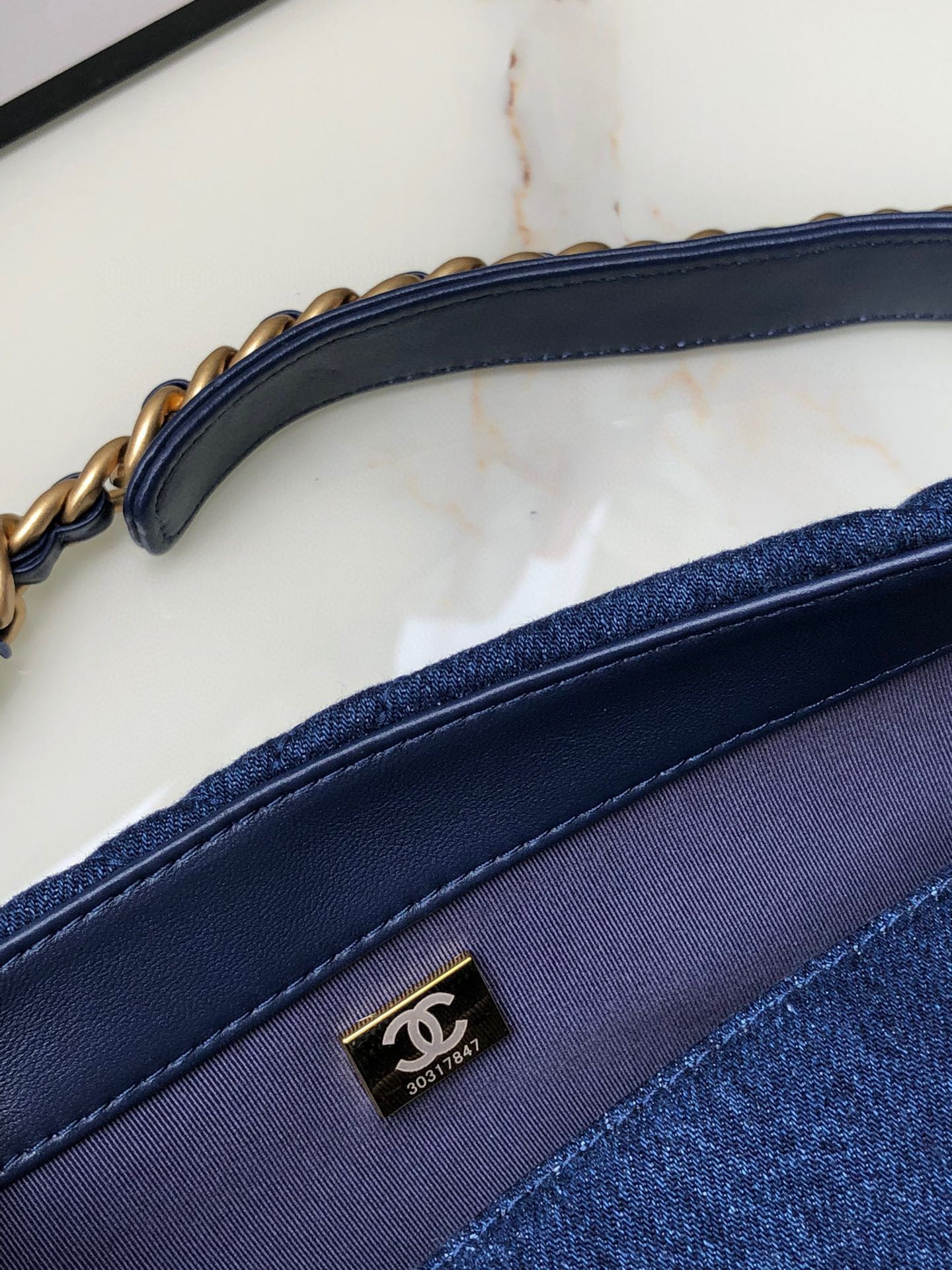 Ch**el 19 HANDBAG, Gold-Tone, Silver-Tone & Ruthenium-Finish Metal Navy 6.2 × 10.1 × 3.5 in