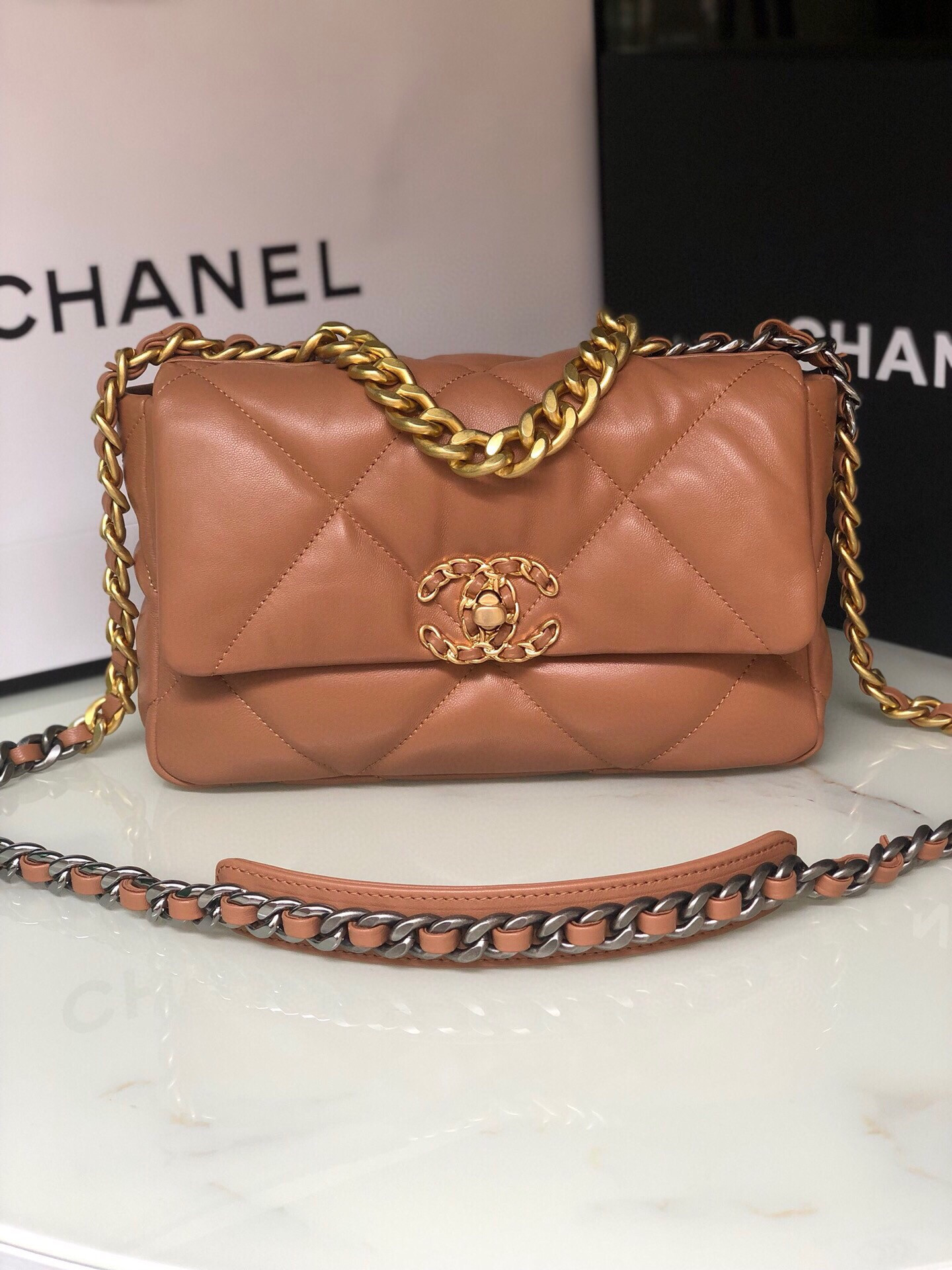 Ch**el 19 HANDBAG Shiny Leather, Gold-Tone, Silver-Tone & Ruthenium-Finish Metal Caramel 6.2 × 10.1 × 3.5 in