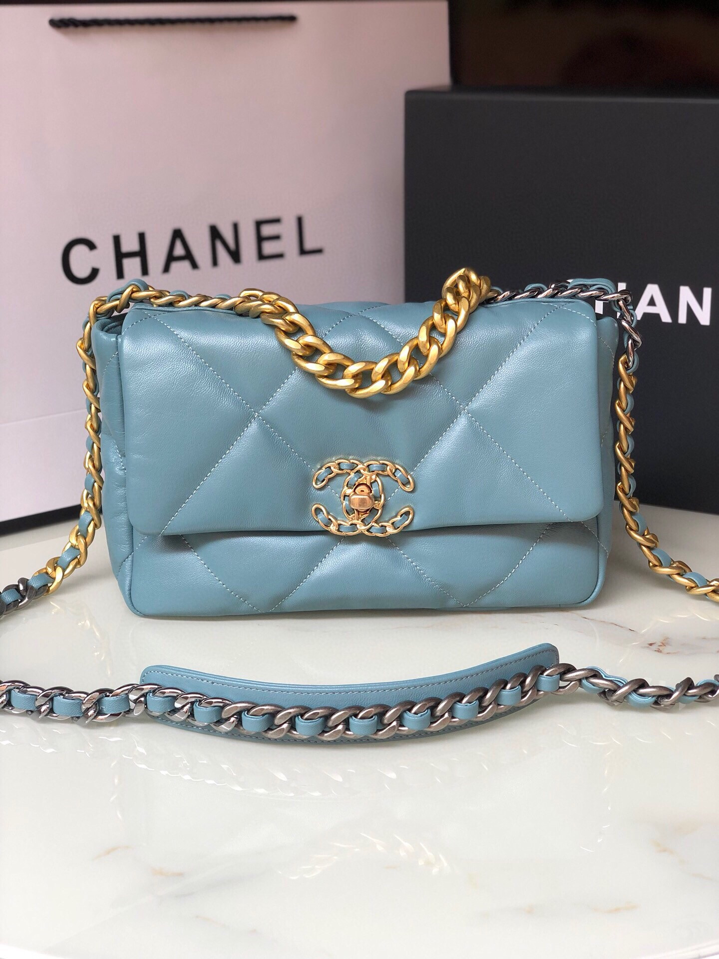Ch**el 19 HANDBAG Shiny Leather, Gold-Tone, Silver-Tone & Ruthenium-Finish Metal Blue 6.2 × 10.1 × 3.5 in
