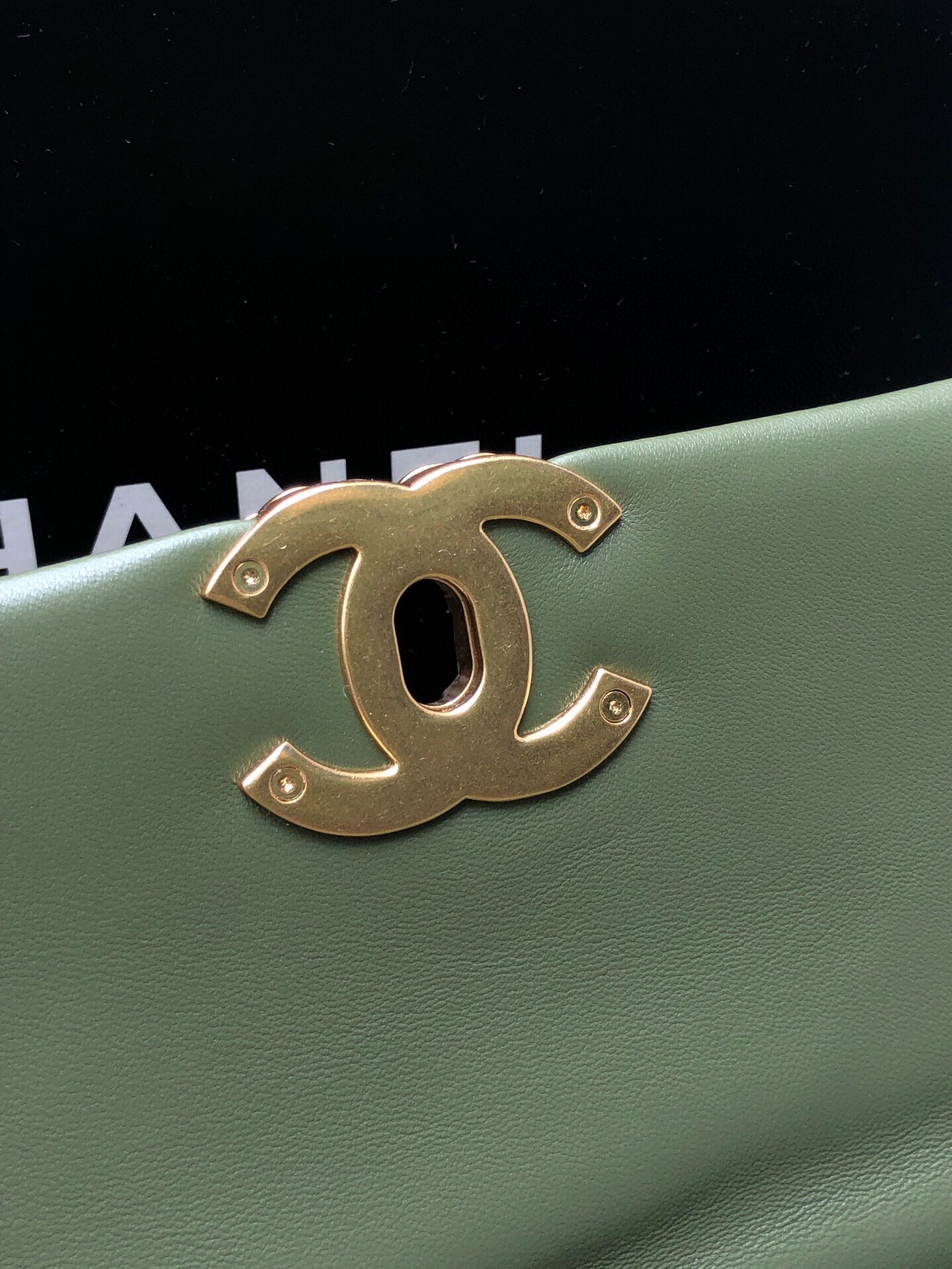 Ch**el 19 LARGE HANDBAG Shiny Leather, Gold-Tone, Silver-Tone & Ruthenium-Finish Metal Dark Green 7.8 × 11.7 × 3.9 in