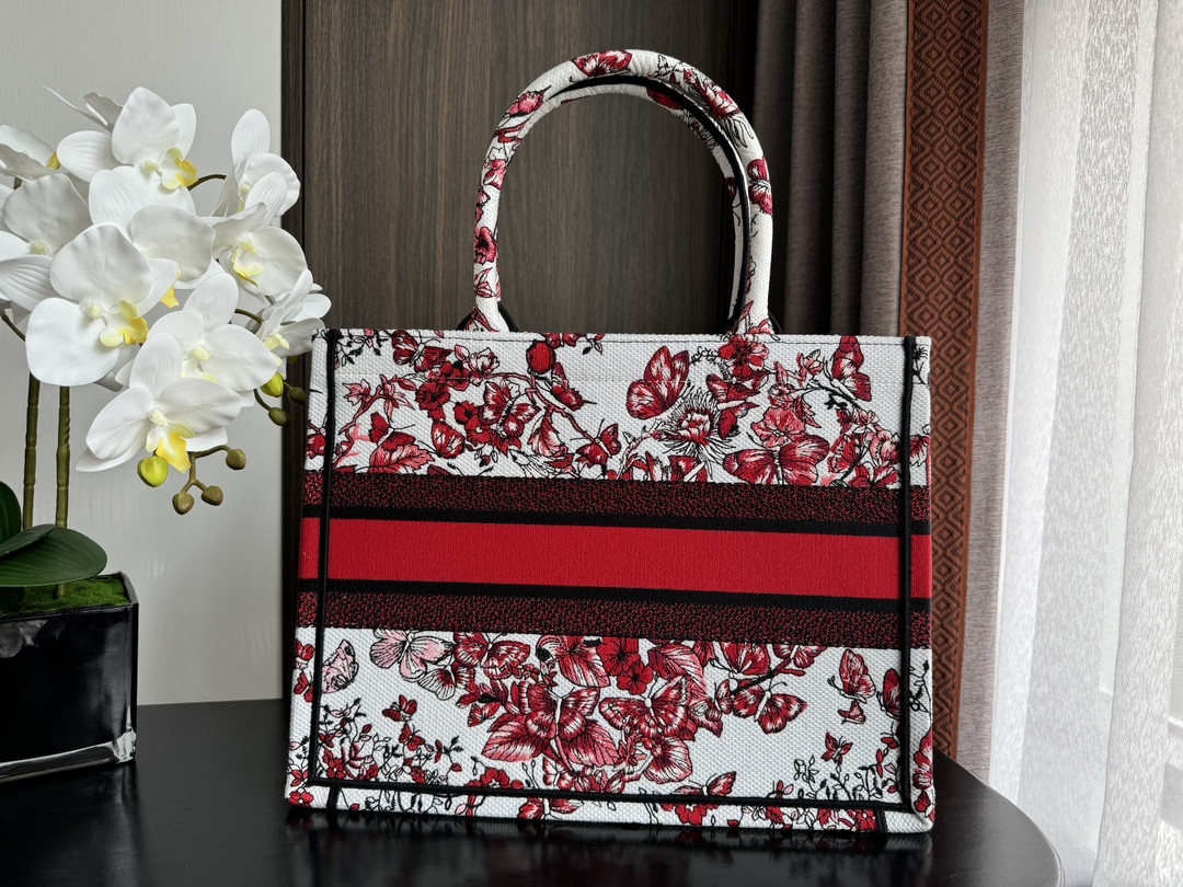 Medium D10r Book Tote  White and Red Le Cœur des Papillons Embroidery 14 x 11 x 6.5 inches