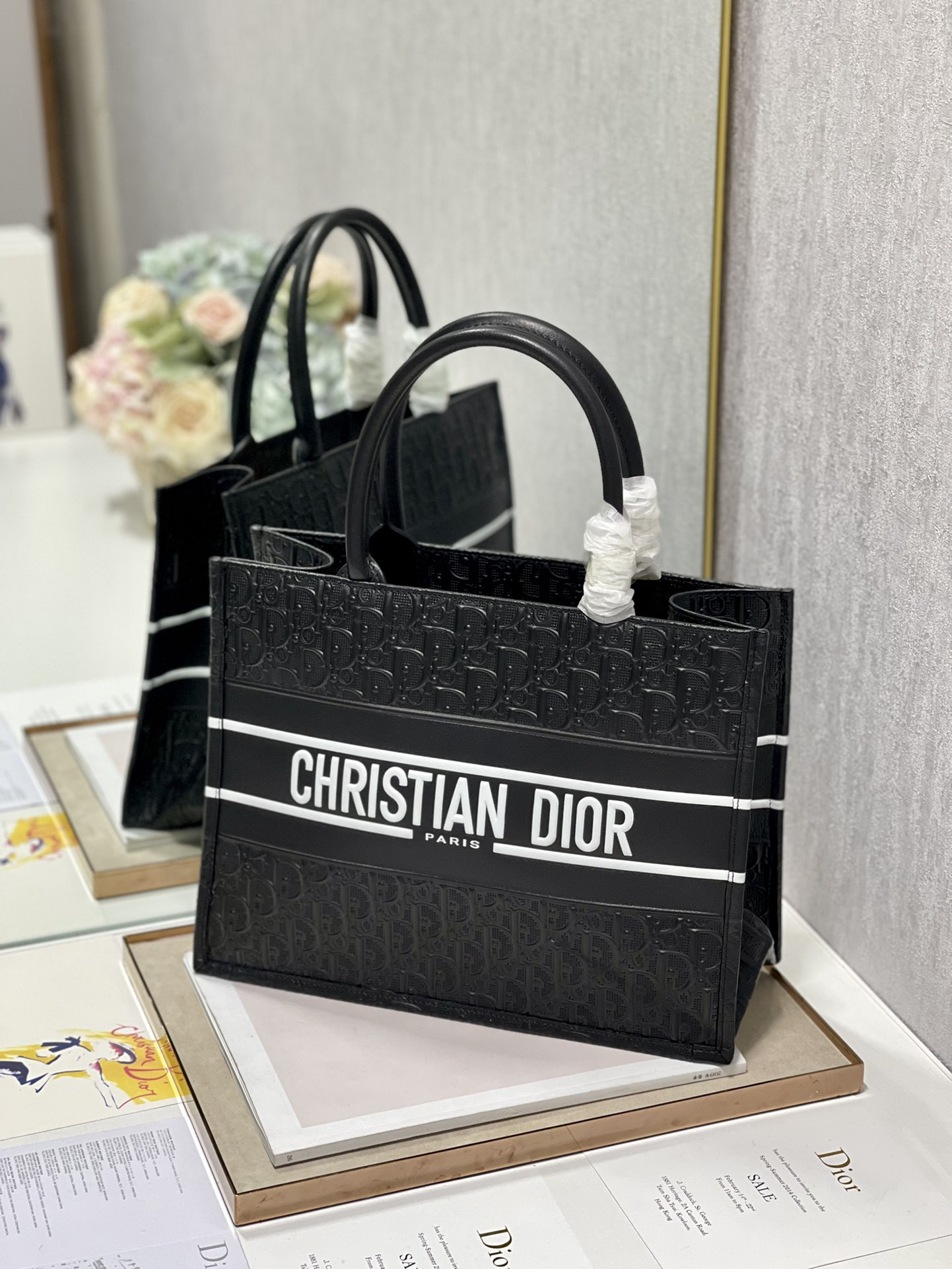 Calfskin Embossed Medium D10r Book Tote Black WHITE 14 x 11 x 6.5 inches