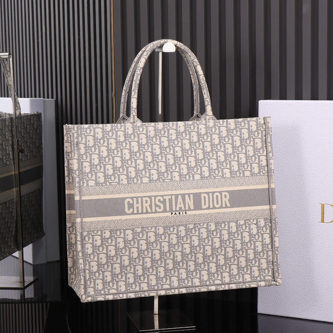 Large D10r Book Tote Ecru and Gray D10r Oblique Embroidery 16.5 x 14 x 7.5 inches