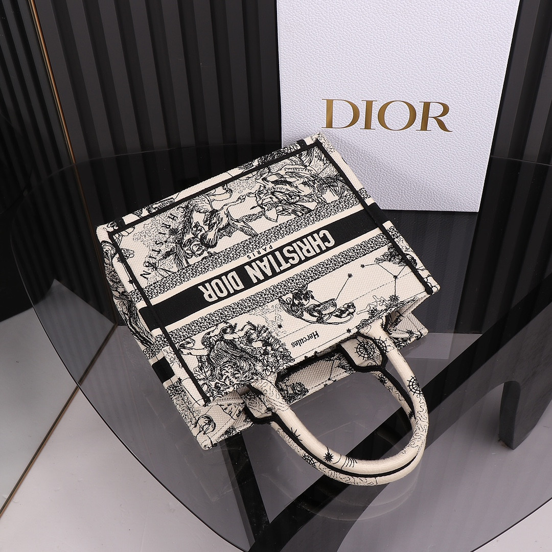 Small D10r Book Tote Latte and Black Toile de Jouy Zodiac Embroidery 10.5 x 8.5 x 5.5 inches